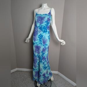 Vintage 90s Floral Maxi Dress Women’s Blue  Purple Beaded Bias Cut 10/12